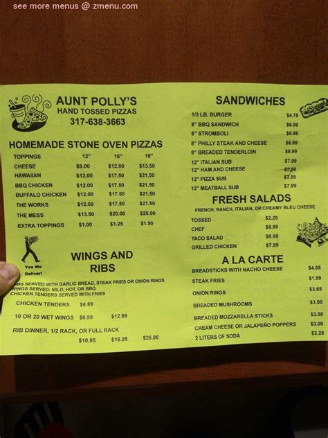 Aunt polly's pizza ribs & chicken delivery menu - Check out the menu for Aunt Polly's Pizza.The menu includes and sample menu. Also see photos and tips from visitors.